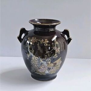 Vintage Brown Gold Lacquer Flower Peacock Vase Made In Japan